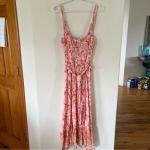 Pink Floral Button-Front Maxi Dress with Tie Waist